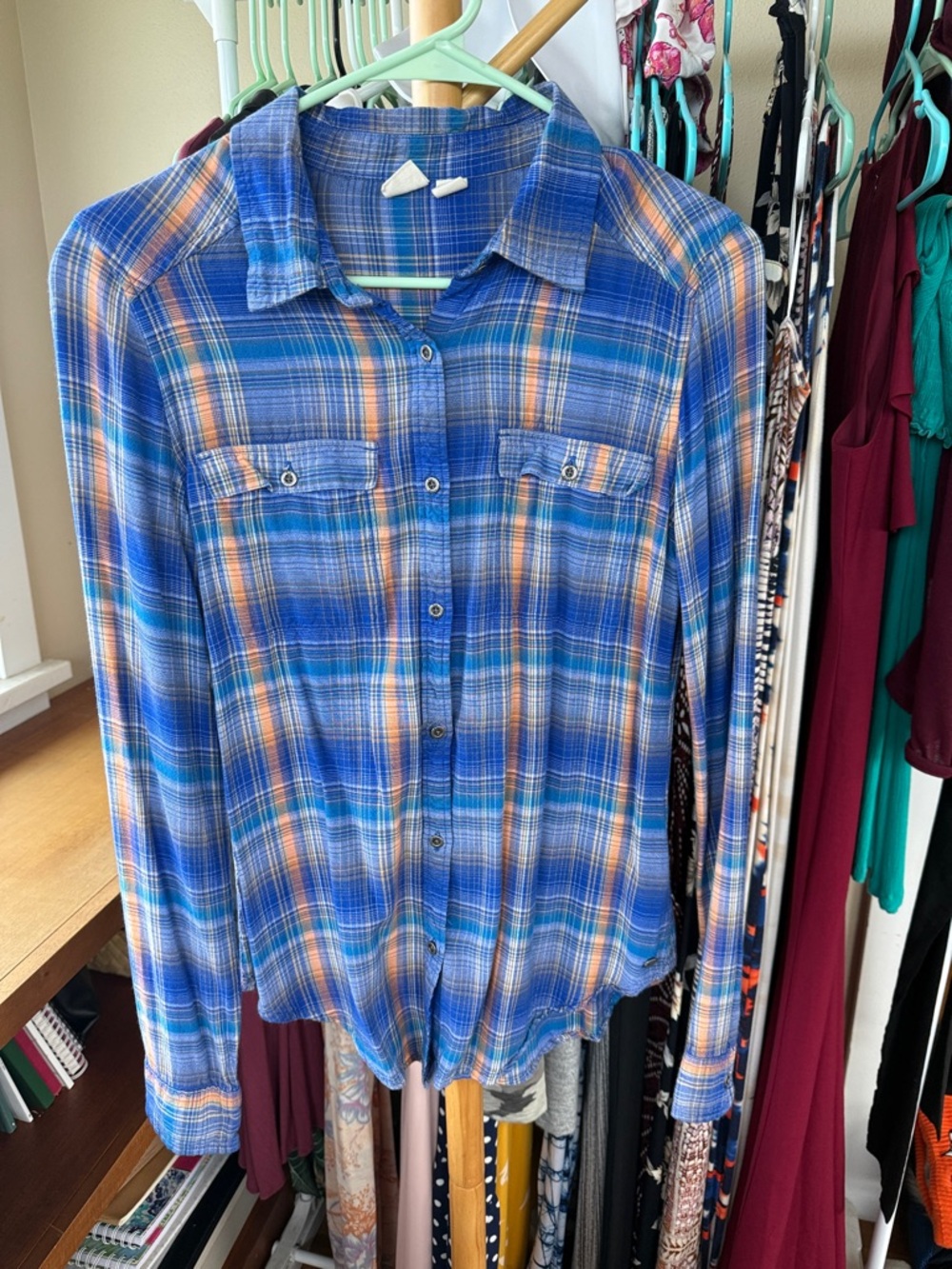Roxy Blue Plaid Button-Down Shirt with Peach Accents, Small